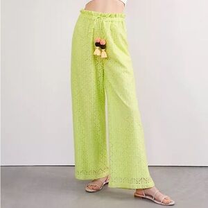 Anthropologie Lacy Wide Leg Yellow Bright Neon Green Wide-Leg Pants Pom Tassels